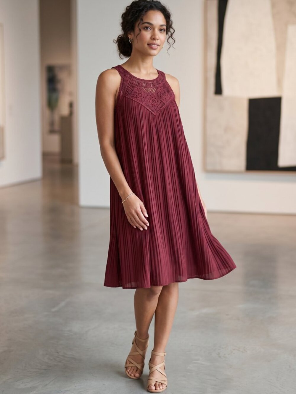 NWT | Wine Red Pleated Halter Mini Dress with Crochet Lace Neckline | Small